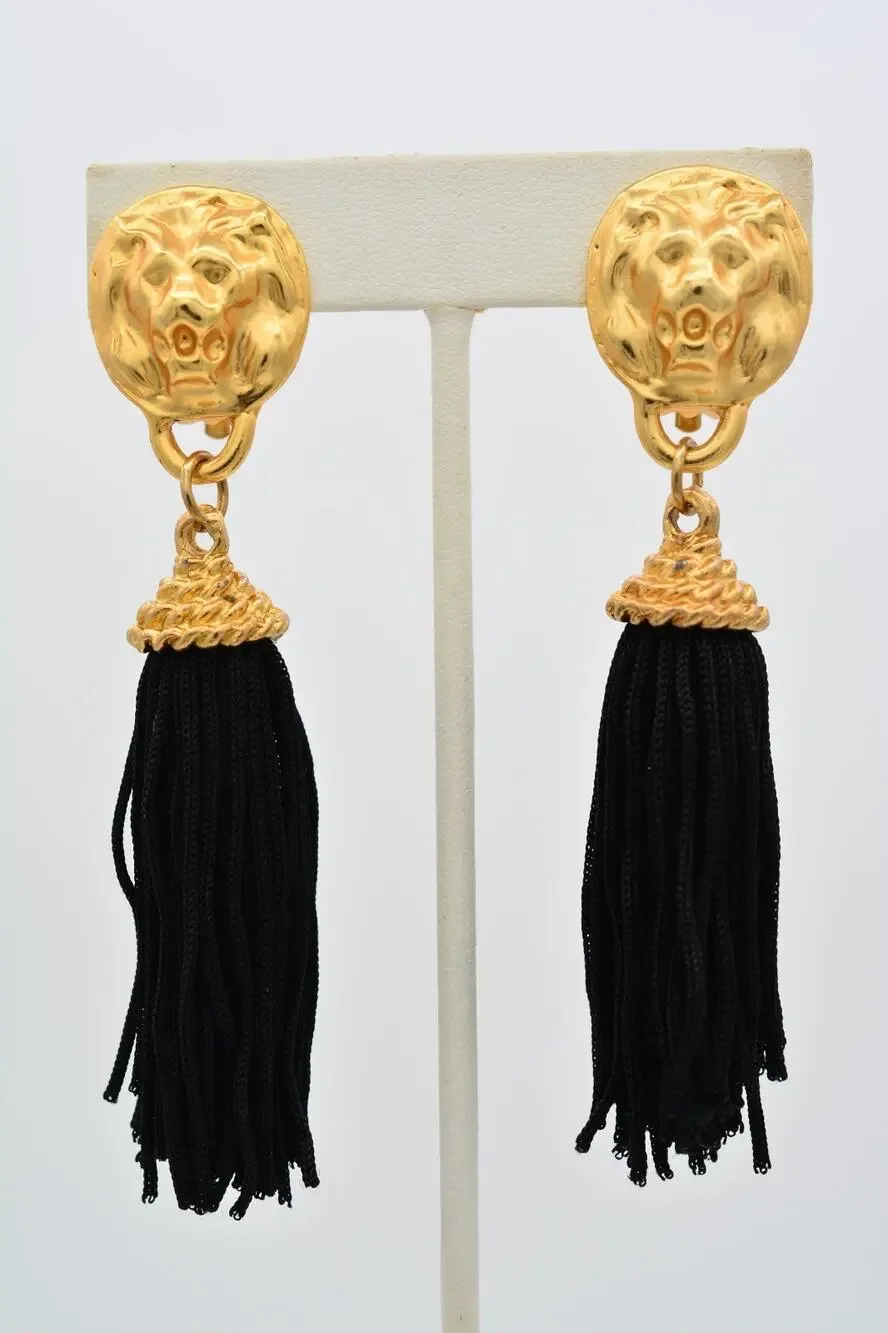 Vintage Lion Head Black Tassel Clip On Statement Earrings Brushed Gold 80s BinAR